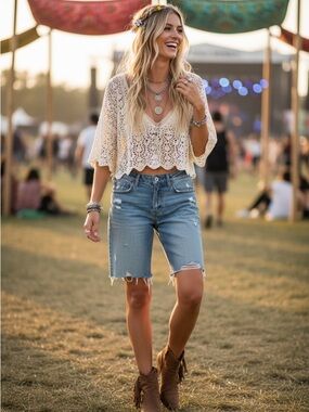 Free People We the Free Light Wash Distressed Bermuda Jean Shorts Size 26
